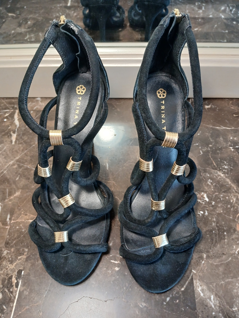 Trina Turk Black Suede Strappy Heels with Gold Rings